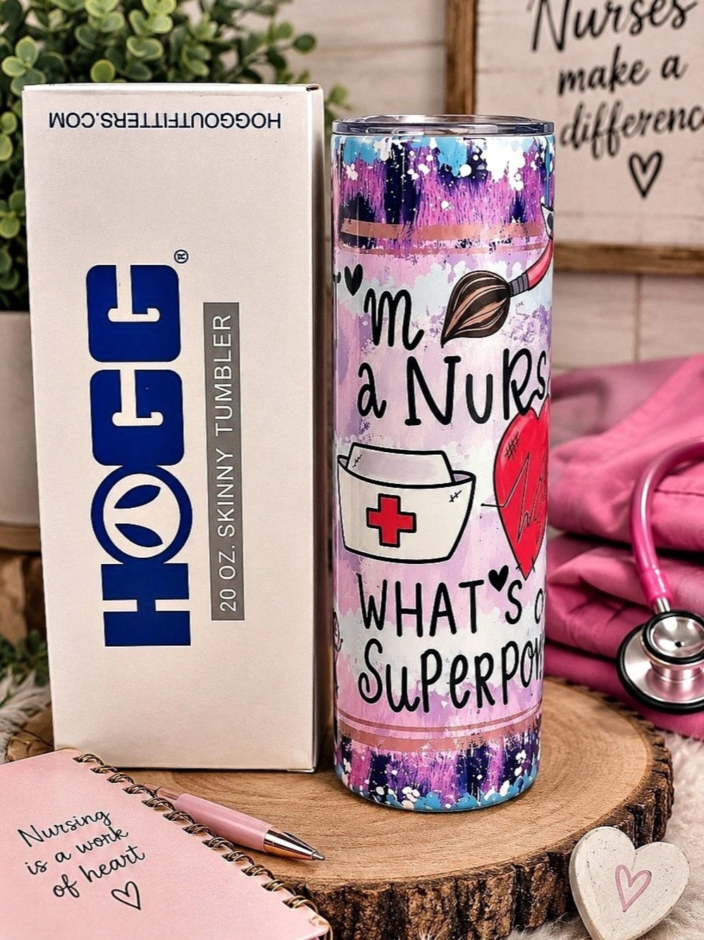 20oz Nurse Tumbler | “I’m a Nurse, What’s Your Superpower?” HOGG Skinny Tumbler